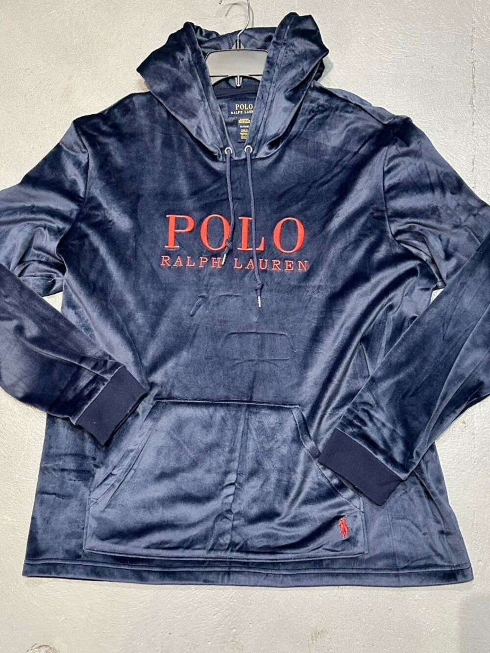 Polo Ralph Lauren Velour Hoodie Pullover Men Large Navy Blue Sleepwear New